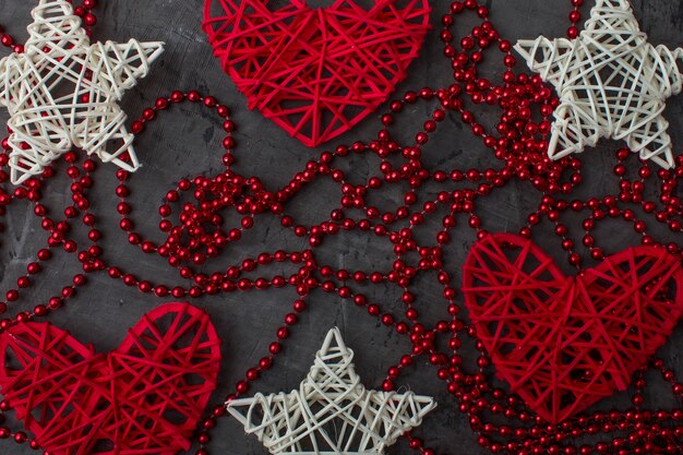 Ornaments and white stars and red hearts