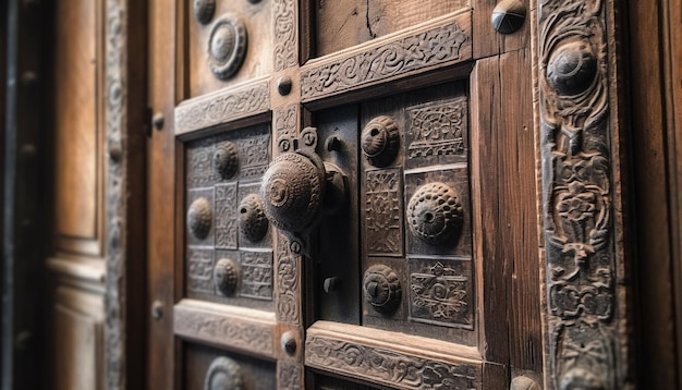 写真 古い素朴な木のドアにある華やかな古代のドアノブは、人工知能によって生成された歴史を象徴しています
