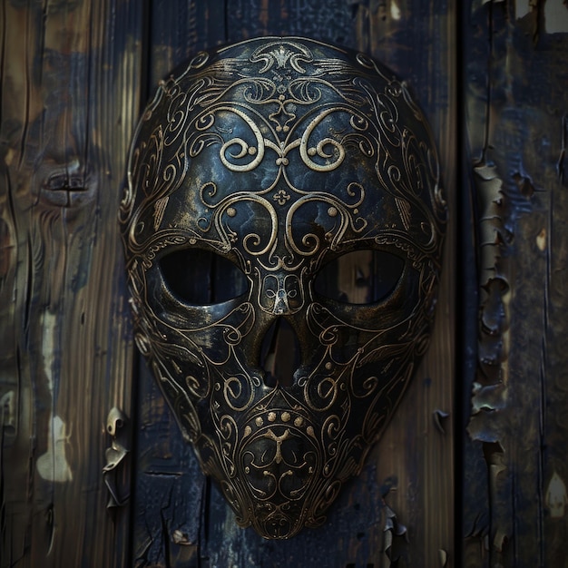 Ornate antique mask hanging on a rustic wooden door