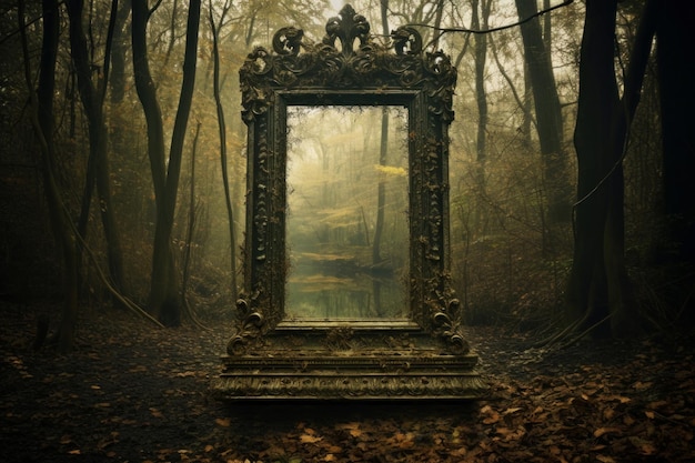 濃霧 の 密集 し た 森 の 中 に 飾り られ た 古代 の 鏡 が 恐ろしく 立っ て い ます