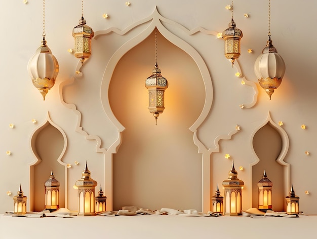 Photo ornate arabic style mosque lanterns and architectural details radiating warm inviting ambiance