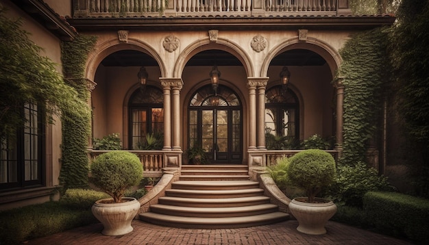 The ornate arch entrance leads to a formal garden oasis generated by AI