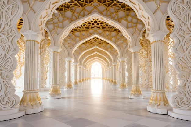 Ornate arches and intricate designs in gold and white for Mawlid