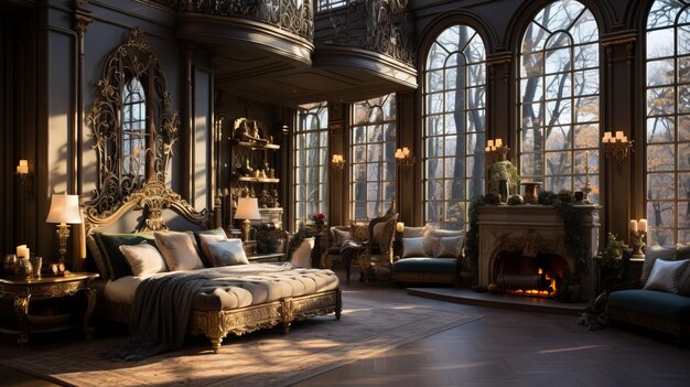 Photo ornate bedroom with fireplace and large windows