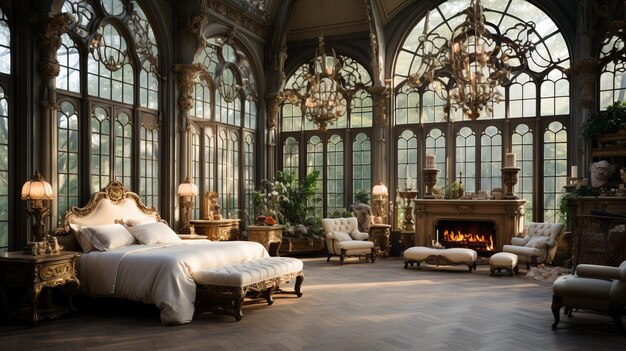 Ornate bedroom with a fireplace and large windows