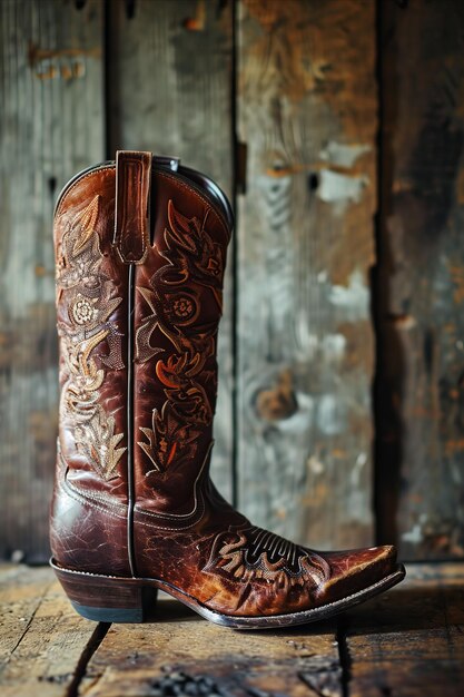 Photo an ornate brown leather western boot showcasing traditional embroidery set against an aged wooden