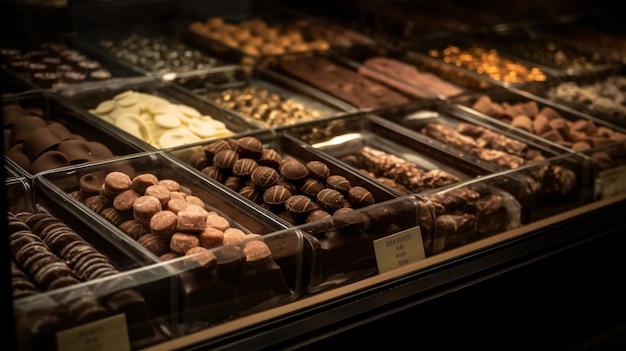 an ornate chocolate display case filled with a wide array of truffles bonbons and pralines