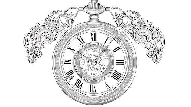 Ornate clock face with intricate details The clock is surrounded by flourishes and scrollwork