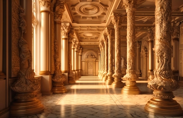 An ornate corridor with columns and staircase