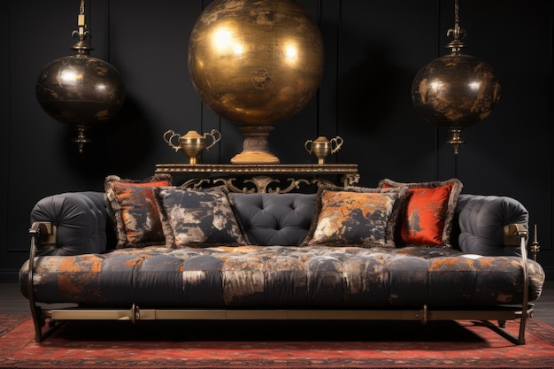 An ornate couch with gold and red pillows ai