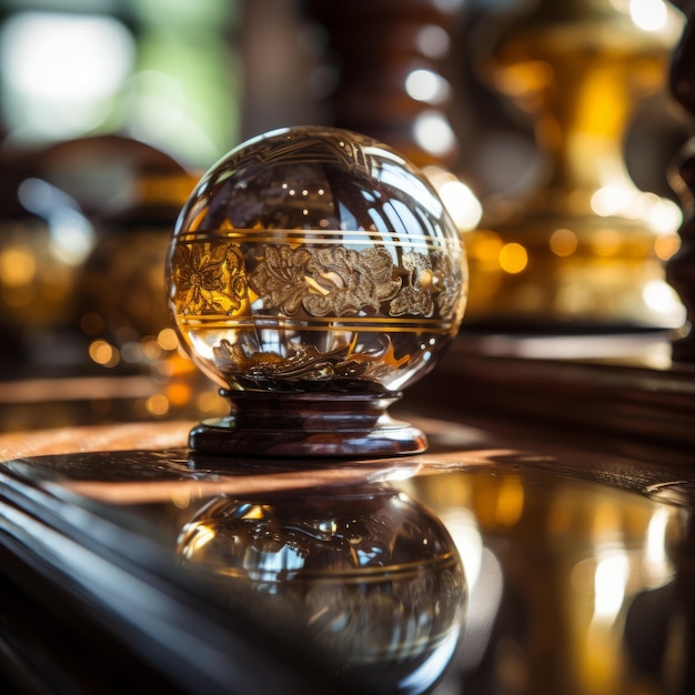 An Ornate Crystal Ball Sits on a Wooden Pedestal