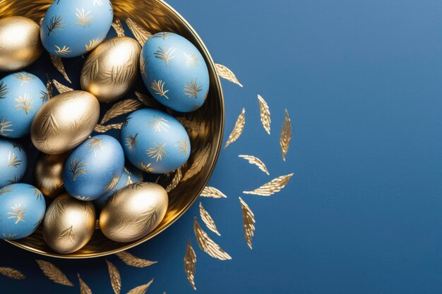 ornate decorated blue and gold easter eggs pattern on a dark blue background
