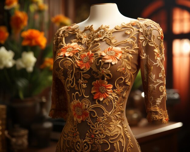 an ornate dress is displayed on a mannequin