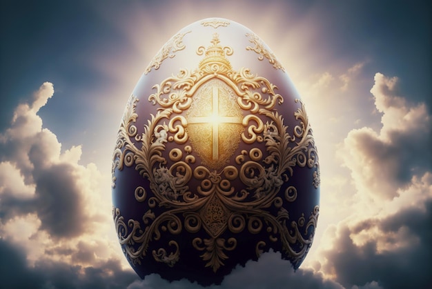 Ornate easter egg with light rays from behind fly in clouds religion concept generative ai