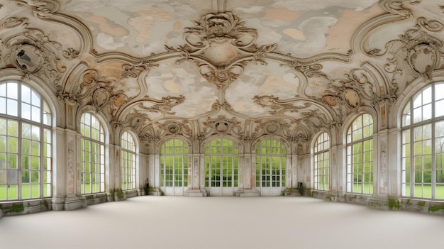Ornate empty ballroom with large windows