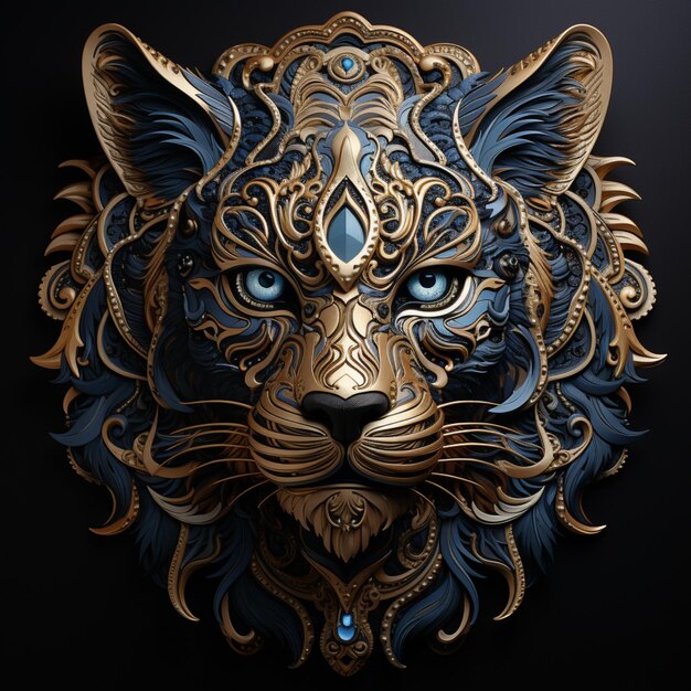 An ornate face of a tiger with a black background in the style of luminous 3d objects ivory baroque maritime mechanical sculptures intricate cutouts