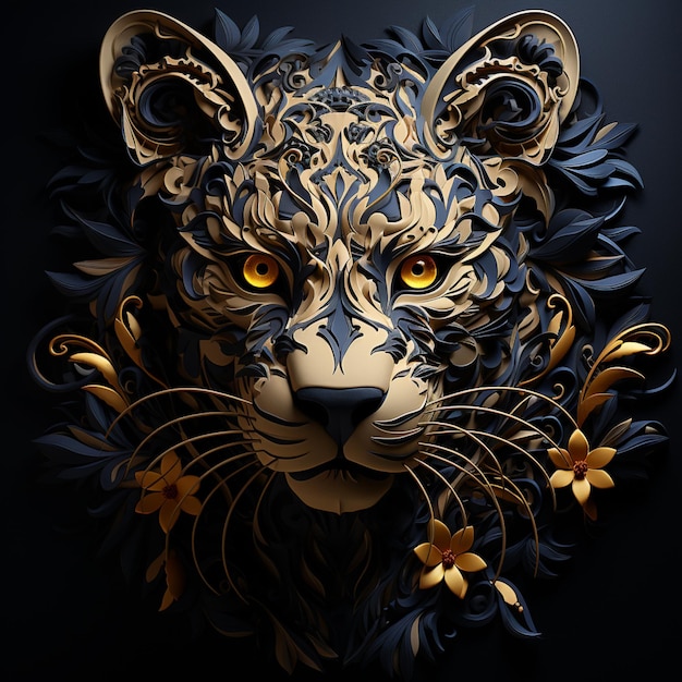 An ornate face of a tiger with a black background in the style of luminous 3d objects ivory baroque maritime mechanical sculptures intricate cutouts