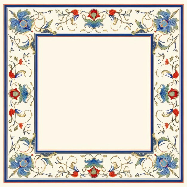 Photo an ornate floral frame with blue red and white flowers on a beige background