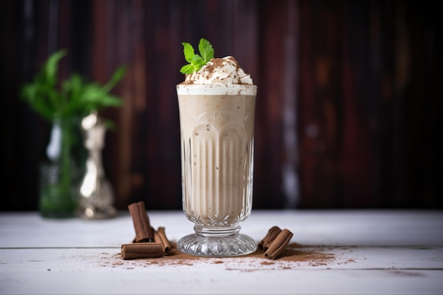 Ornate glass of chocolate shake with a dusting of nutmeg