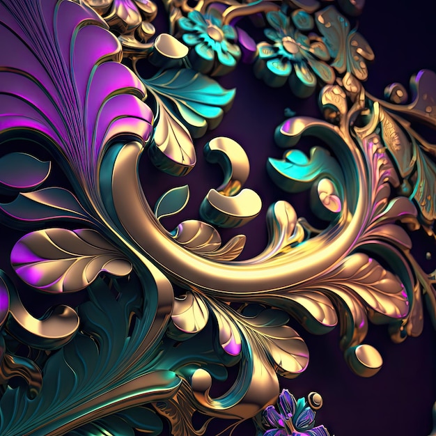 Изысканные золотые цветы узор зеленый фиолетовый резной цветочный орнамент 3d имитация абстрактный генеративный AI иллюстрация