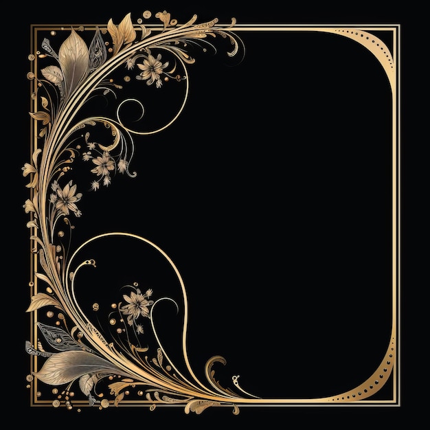 An ornate gold frame with flowers and leaves on a black background