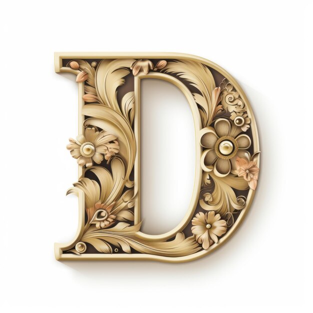 Ornate Gold Letter D With Floral Roots Hyperrealistic Woodcarving Style