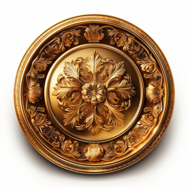 an ornate gold plate on a white background