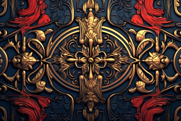 An ornate gold and red background with red and blue flowers