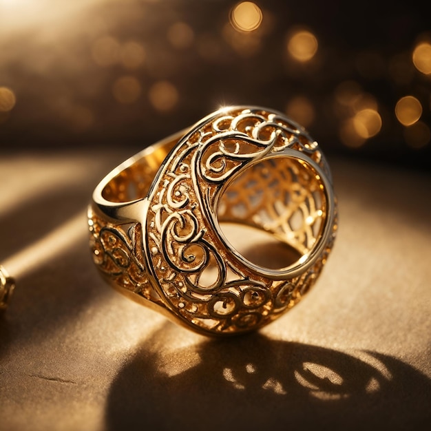 Изысканное золотое кольцо с узором из переплетающихся кругов в лучах яркого солнца.