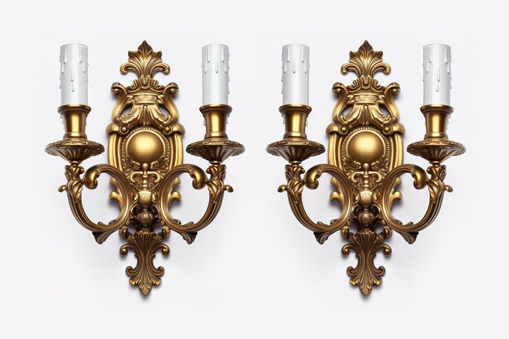 Ornate Gold Wall Sconces With White Candle Sleeves on a Clear PNG or White Background