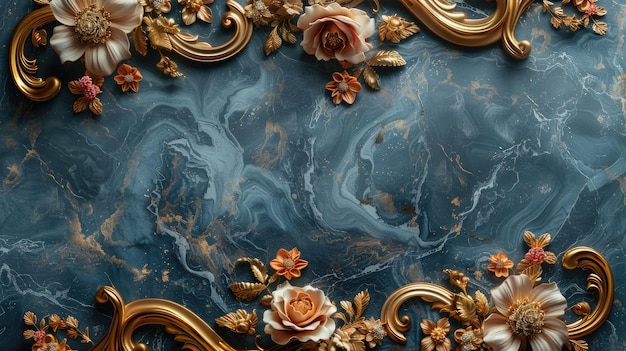 Ornate Golden Baroque Frame Elements on Textured Blue Marble