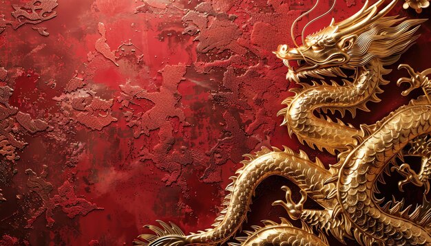 Ornate golden dragon sculpture on a deep red textured wall