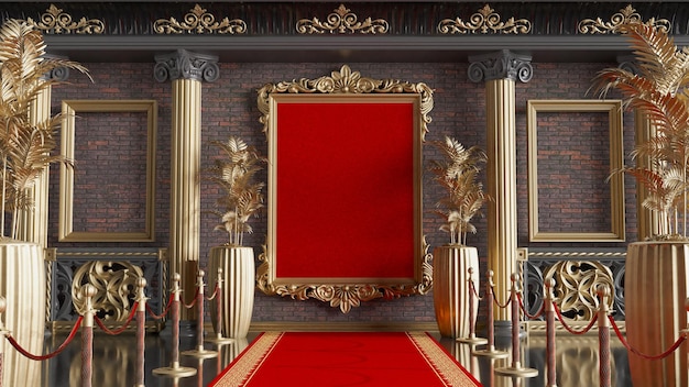 Ornate golden frame at the bricks wall empty gold picture frame between roman columns 3D render