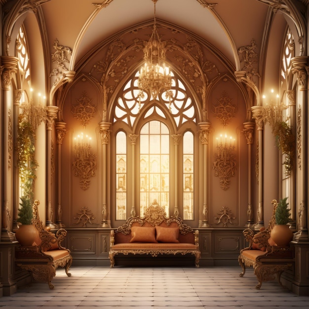 Ornate golden hall with two chairs and a couch