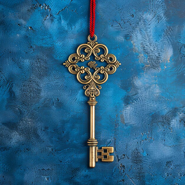 Photo ornate golden key with clover head on blue