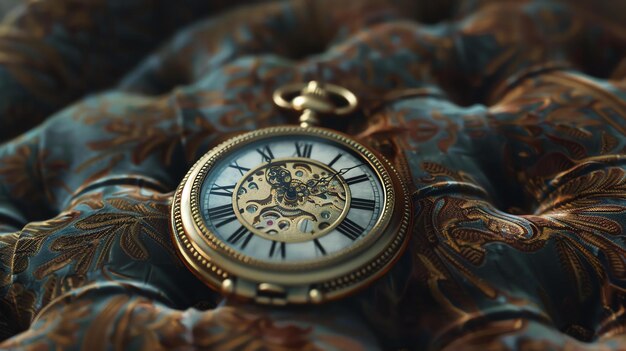 Ornate golden pocket watch with intricate gears exposed resting on luxurious blue velvet fabric with golden floral pattern bathed in soft light