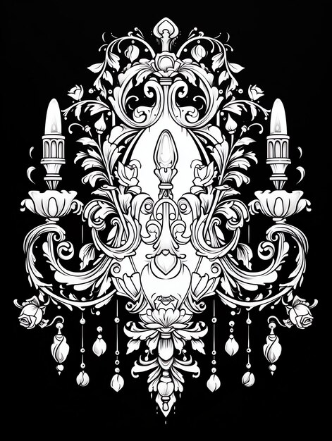 An ornate gothic chandelier magical gothic fantasy coloring book page in black and white for