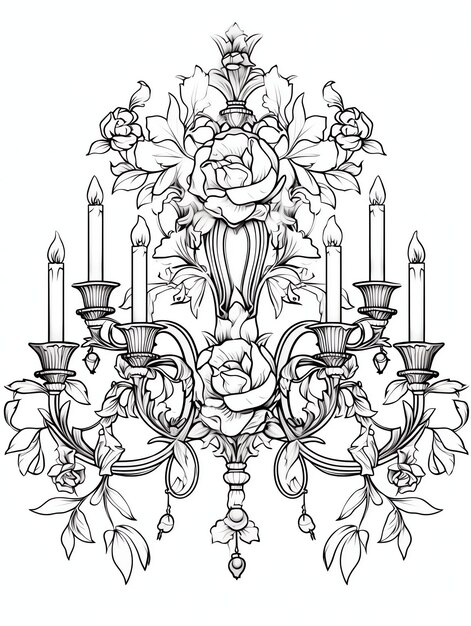 An ornate gothic chandelier magical gothic fantasy coloring book page in black and white for