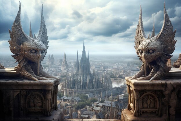 Photo ornate gothic gargoyles perched atop ancient cathedrals watching over the city below generative ai