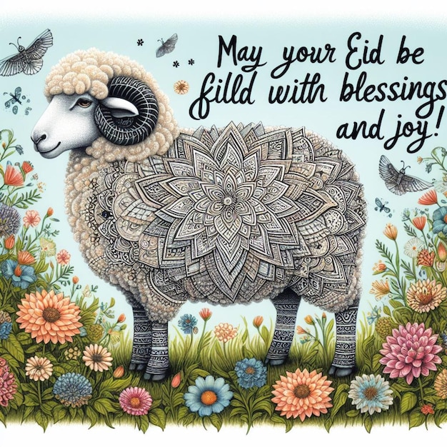 Ornate Henna Designed Sheep Stands Proud in a Field of Flowers for Eid alAdha