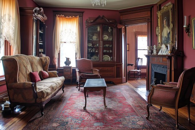 装飾要素を備えた古董の木製の家具を家に飾る
