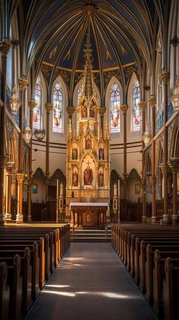 Photo ornate interior of a catholic church with a large altar