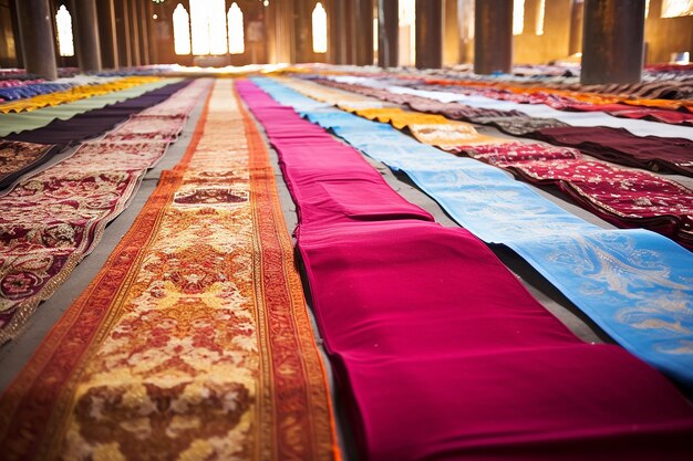 Ornate islamic prayer rugs laid out for worship