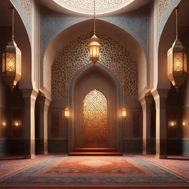 Ornate Islamic Stage Background with Arabic Elements