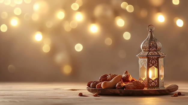 An ornate lantern casts a warm glow beside dates and spices evoking a festive ambiance