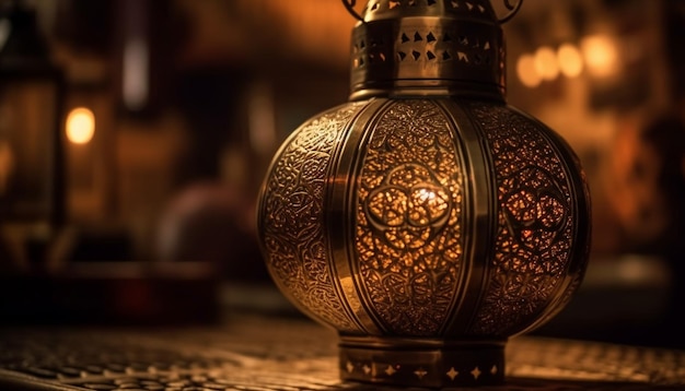 Photo ornate lantern illuminated with flickering candle flame generated by ai