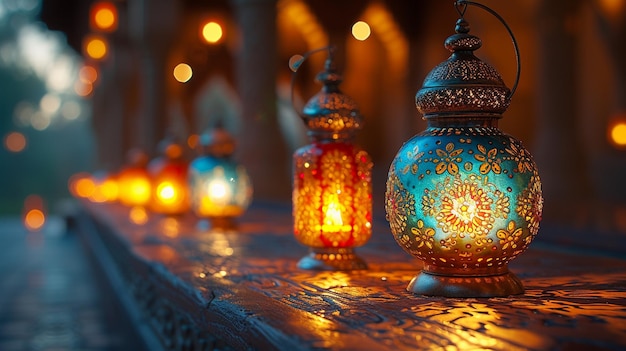 Ornate lanterns glowing warmly along a market aisle as evening sets in