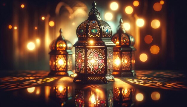 Ornate Lanterns Mystical Ambiance Bokeh Lights Reflection