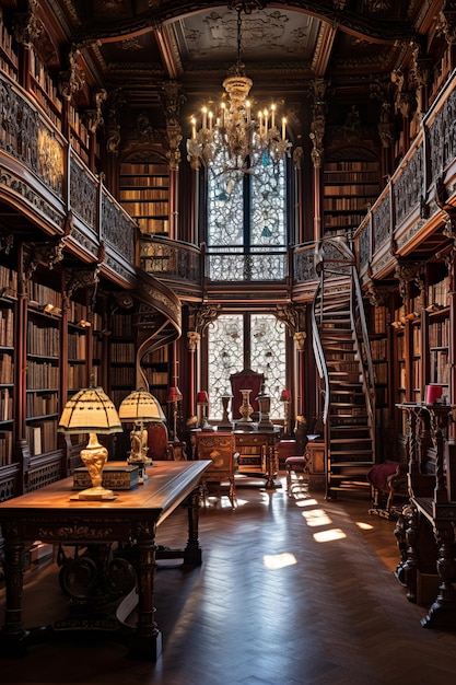 Photo ornate library with spiral staircase