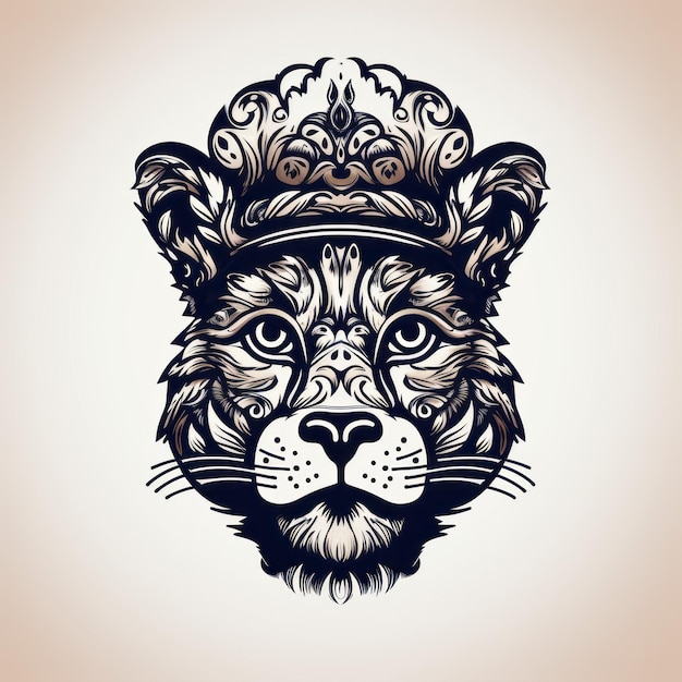 Ornate Lion Head In Crown Quirky Character Illustration In Rococo Style
